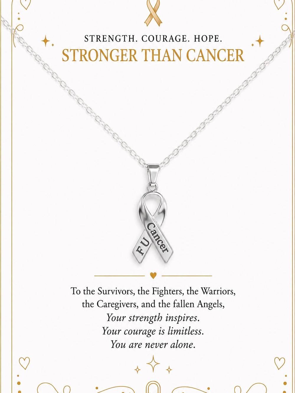 925 w/ Rhodium Plating - Cancer Awareness Ribbon Pendant Necklace - FU Cancer